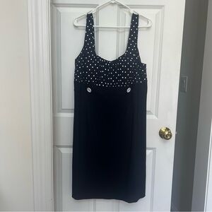 Finesse Navy Polka Dot Bodice Midi Dress with Button Accents 2x